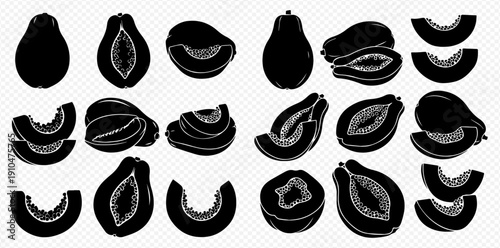 Black silhouette of papaya fruit in various forms, whole, half, and sliced, on a transparent background.