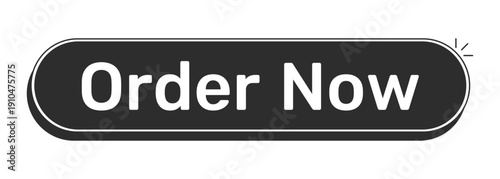 Order now rounded modern black UI element. Online checkout. Product ecommerce. Quick buy item. Place purchase. Monochrome clickable button. Flat web CTA with white bold text. Rubik font used