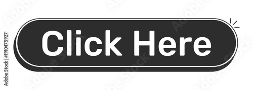 Click here rounded modern black UI element. Interactive prompt. Navigation action. Press here. Activate link. Monochrome clickable button. Flat web CTA with white bold text. Rubik font used