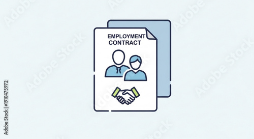 Employment contract document with handshake and two people icons on white background symbolizing job agreement and partnership