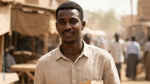 A young sudanese man walks through a bustling market street, smiling, with wooden stalls and blurred figures of shoppers in the background, capturing the vibrancy of daily life