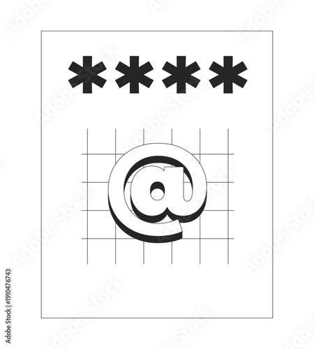 Email password code sheet 2D line object. Login verification entry. E-mail asterisks with at symbol on grid paper letter isolated clipart vector ink outline item. Monochrome spot illustration