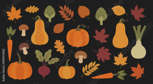 Autumn Harvest Collection with Pumpkins, Vegetables, Mushrooms, and Fall Leaves.