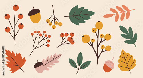 Autumnal Harvest Collection - Berries, Leaves, and Acorns.