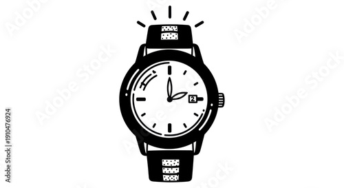 Black and White Illustration of a Wristwatch with a Combination Lock Band.