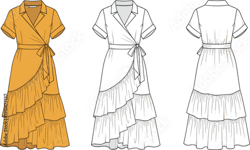 Fashion illustration of women’s wrap dress with collared bodice, short sleeves, waist tie, tiered ruffle skirt, front and back views