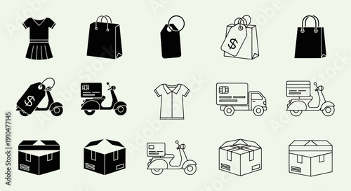 Collection of black and white line art icons representing online shopping and delivery services.