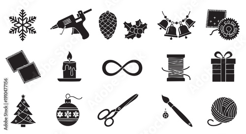 Christmas craft icons collection black isolated on white background concept