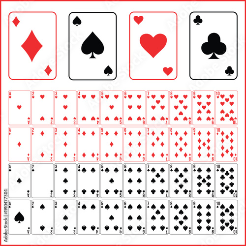 Playing cards symbols and suits set diamonds, spades, hearts, clubs