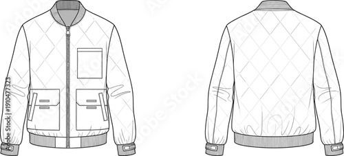 Fashion technical flat sketch of quilted bomber jacket with ribbed collar, cuffs, hem, zipper closure and patch pocket details