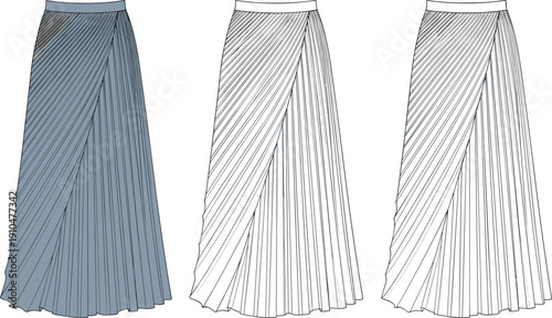 Fashion technical flat sketch of pleated skirt with high waist, wrap-around design, diagonal pleats and garment construction illustration