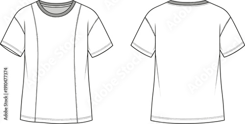 Fashion technical flat sketch of short-sleeve T-shirt with seam lines, stitching details, contrasting inner collar and garment construction illustration