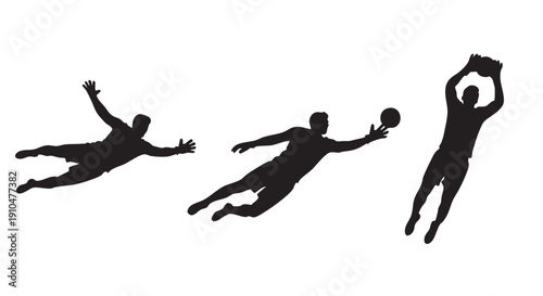 Goalkeeper action silhouette collection saving ball in dynamic pose sport concept