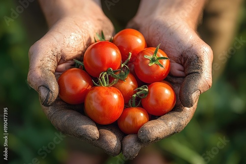 Soil-stained hands cupping a handful of ripe red cherry tomatoes in warm sunlight, conveying pride and nurturing satisfaction