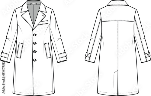 Fashion technical flat sketch of tailored coat with notched lapel, welt pocket, flap pockets, button closure and cuff details