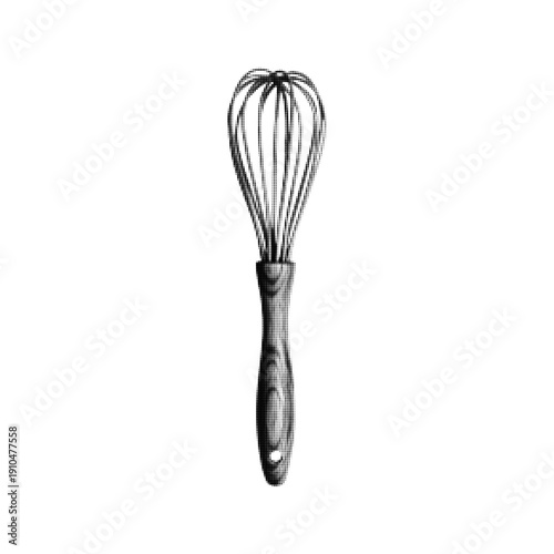 Black and white halftone illustration of kitchen whisk. Vintage engraving style cooking utensil isolated on white background, symbol of baking, mixing and culinary preparation.