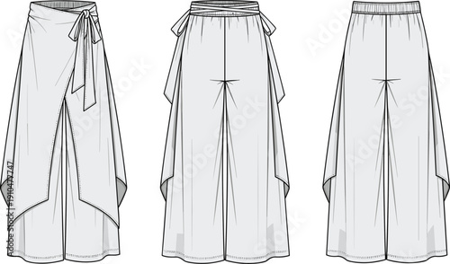 Fashion technical flat sketch of wide-leg pants with wrap skirt detail, elastic waistband, pleated design and garment construction illustration