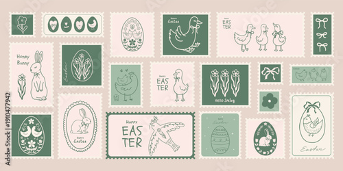 Botanical Easter Stamp Set in Vintage Style with Hand Drawn animals and flowers. Retro cards, stickers, mail postmark. Vector Spring Illustration