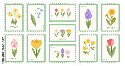 Botanical postage Stamp Set with beautiful Spring flowers, tulip, daffodil, crocus, hyacinth, bluebell, daisy, dandelion, lily of the valley. Floral design template for cards, stickers