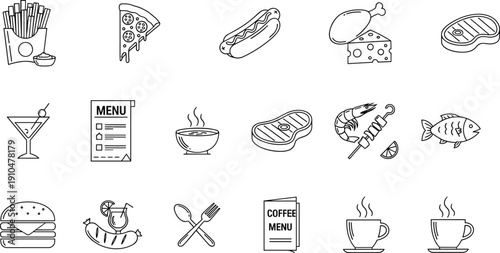 Line art icon set of food and drink items including pizza, burger, coffee, cocktails, seafood and restaurant menu illustration