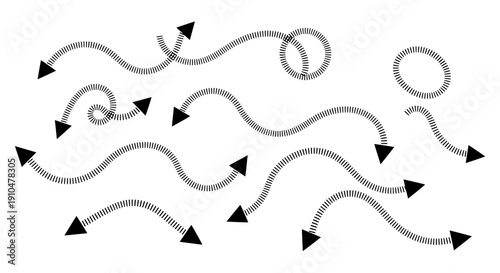 Dotted arrows set, direction symbols, wavy lines, black arrowheads on white
