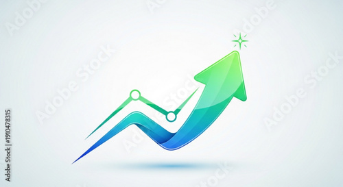 Green arrow graph trending upward with starburst on light blue background symbolizing growth and success in business and finance