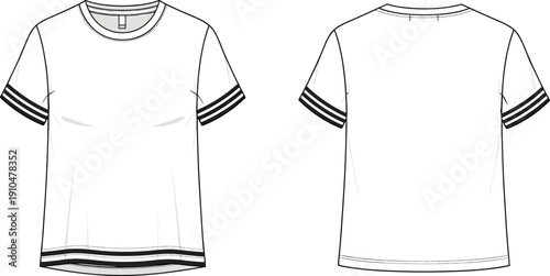 Technical flat sketch of short-sleeve t-shirt with crew neckline, sporty stripe details on cuffs and hemline fashion illustration