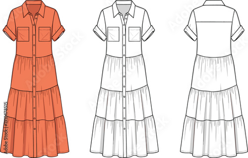 Technical flat sketch of tiered shirt dress with short sleeves, button-down front, collar, chest pockets, and rolled cuff details