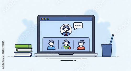 Online meeting on laptop with books and cup remote teamwork and communication concept