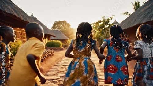 Joyful children in colorful dresses dance near traditional huts, bathed in warm sunlight