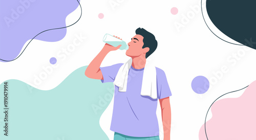 Young man drinking water from bottle in abstract background, vector illustration