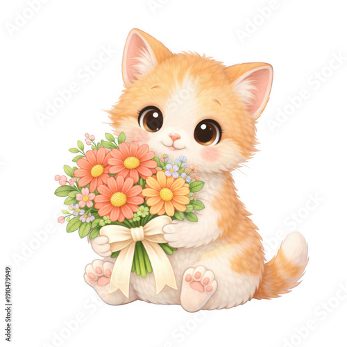 cute baby kitten holding orange flower bouquet with ribbon isolated on white background cartoon illustration for children stationery greeting cards apparel nursery decor