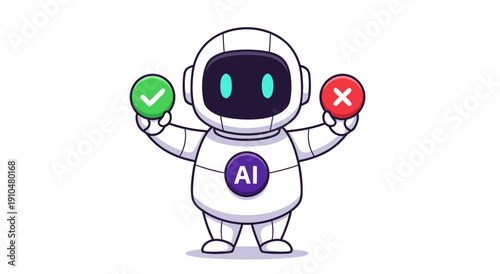 AI robot holding checkmark and cross symbols, decision making concept vector illustration
