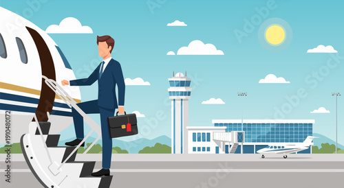 Businessman climbing jet stairs, luxury travel and business aviation vector illustration