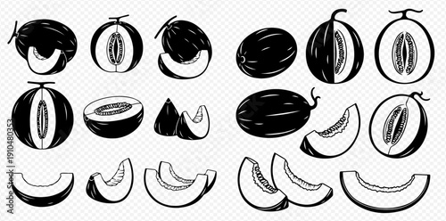 Melon fruit black silhouette set, whole and sliced cantaloupe, honeydew, and watermelon vector illustration.