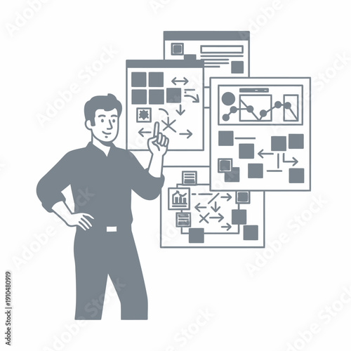 Business presenter with charts and flowcharts on boards