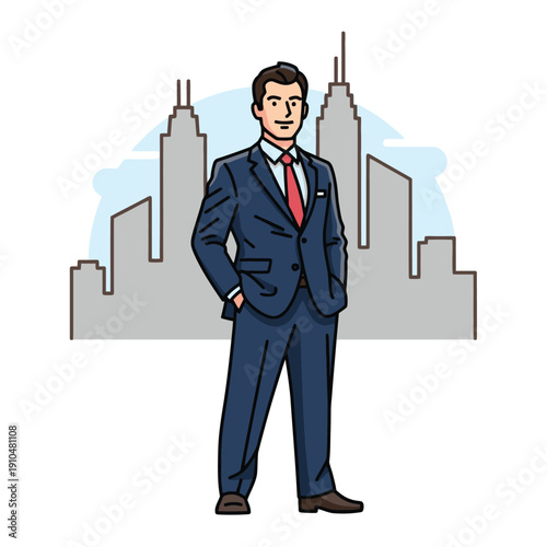 Businessman in Suit Standing in Front of City Skyline