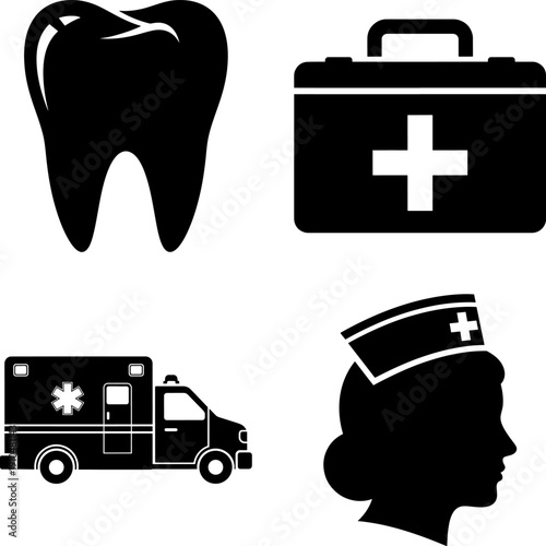 Set of 4 Essential Medical and Healthcare Icons featuring Dental Care Emergency First Aid Kit Ambulance and Nurse Silhouette