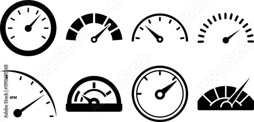 Set of 8 Minimalist Dashboard Gauge Icons featuring Speedometer Tachometer and Performance Level Indicators for Automotive and Tech UI