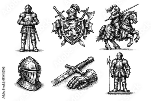 Medieval knight engraving set, vintage heraldry and chivalry sketches in woodcut style