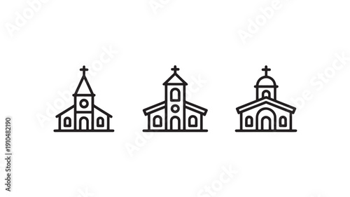 Church Icons in Simple Line Art Style with Black Color on White Background for Religious Symbols