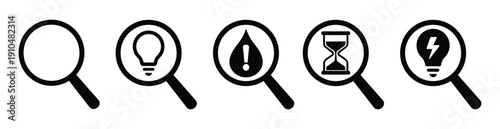Set of magnifying glass icons with symbols inside lenses representing ideas, alerts, time, and innovation. Conceptual design for research, analysis, problem-solving, and creativity.