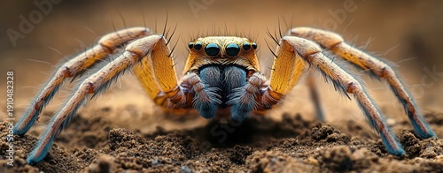 extreme close-up of an orange hairy jumping spider on soil, alert curious stance with prominent forward-facing eyes, textured legs and intense gaze