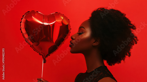 a beautiful woman holding a heart-shaped balloon against a red background. Valentines day concept