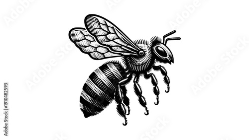 Vintage Engraving Style Bee Illustration Black and White