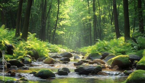 Sunlit forest stream winding over moss-covered rocks and stones, framed by ferns and tall trees, a tranquil and peaceful woodland scene bathed in soft green light