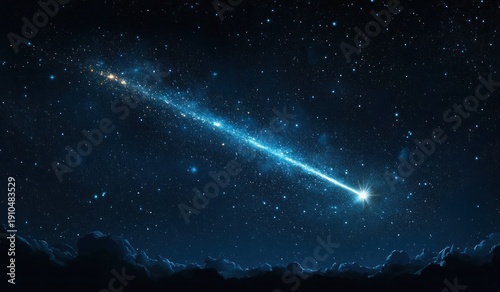 brilliant shooting star with long sparkling blue trail streaking across a star-filled night sky above dark cloud silhouettes, evoking wonder and awe