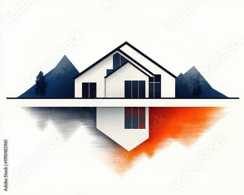 Minimal modern house with peaked roofs and large windows, mirrored inverted reflection in water showing warm orange and cool blue mountains and tree silhouettes, calm surreal symmetry