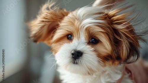 A small brown and white dog with a fluffy tail and a black nose