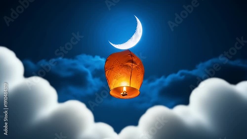 A vibrant, orange sky lantern ascends in the night sky, illuminated by its flame. The crescent moon shines above, framed by clouds